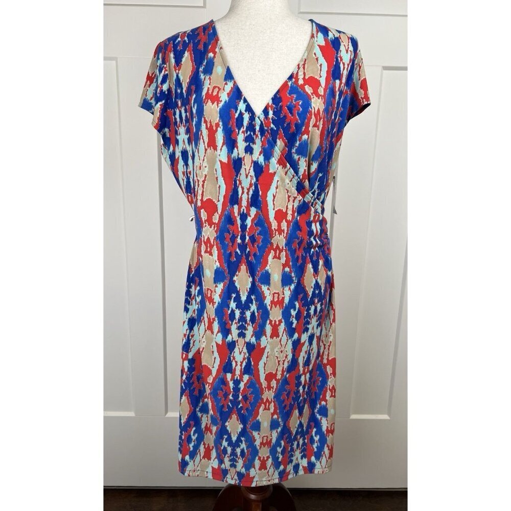 Jones New York Faux Wrap Dress Ikat Print Short Sleeve NWT Sz Large Casual Chic